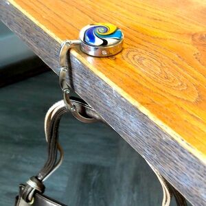 Gorgeous purse hook; folding bag hanger for table. Blue, metallic, glass